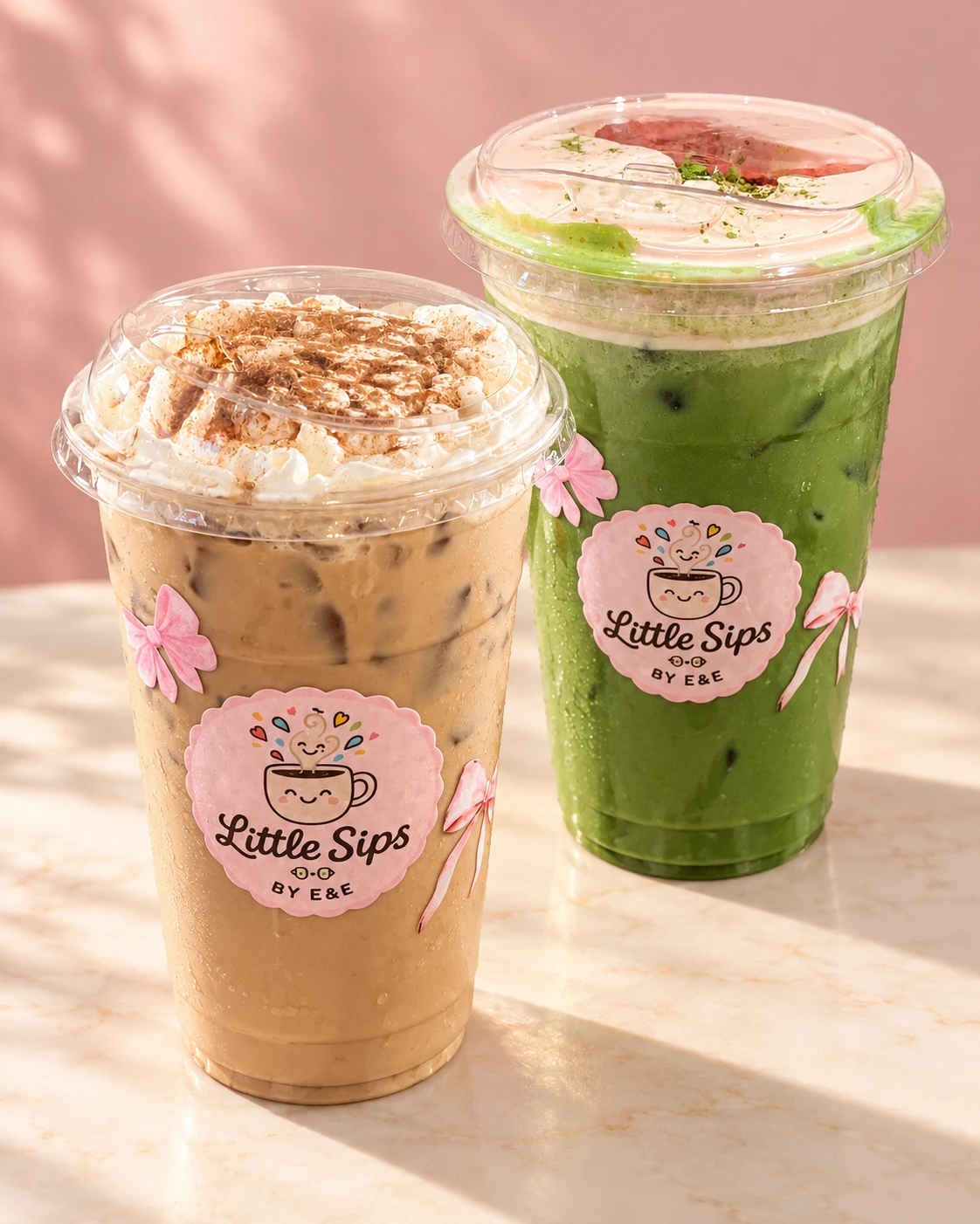 Little Sips iced coffee and matcha in our signature pink bow cups